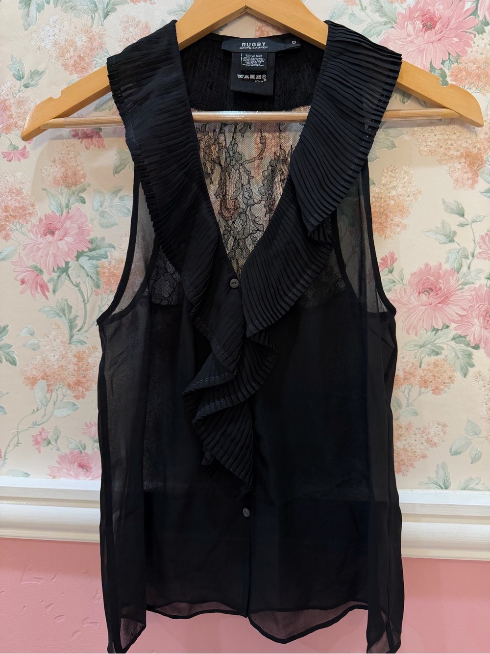 Silk Ralph Lauren Black Label Black Sheer Ruffle Lace-Back Camisole